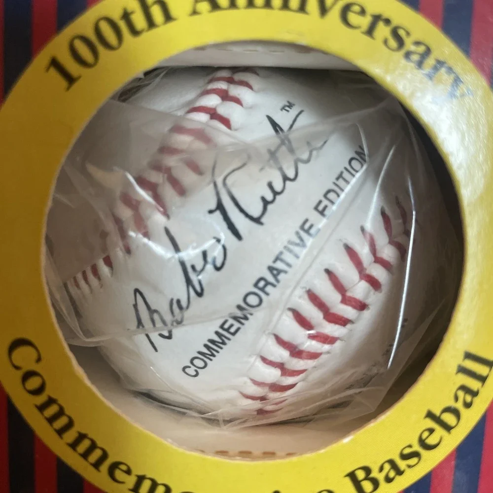 Babe Ruth Printed Signed  Baseball In Bag Certificate Of Authenticity 100th Ann.
